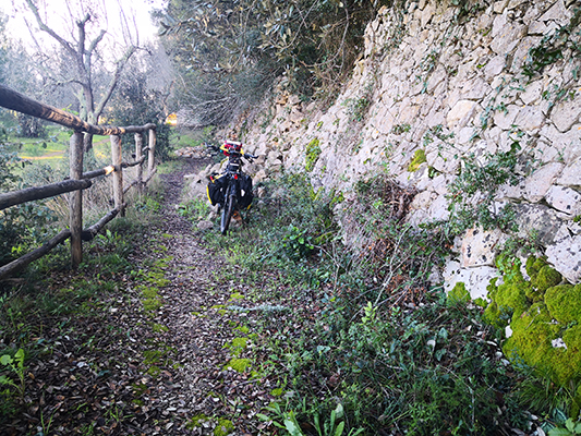 Sentiero tra steccato e muro in pietra